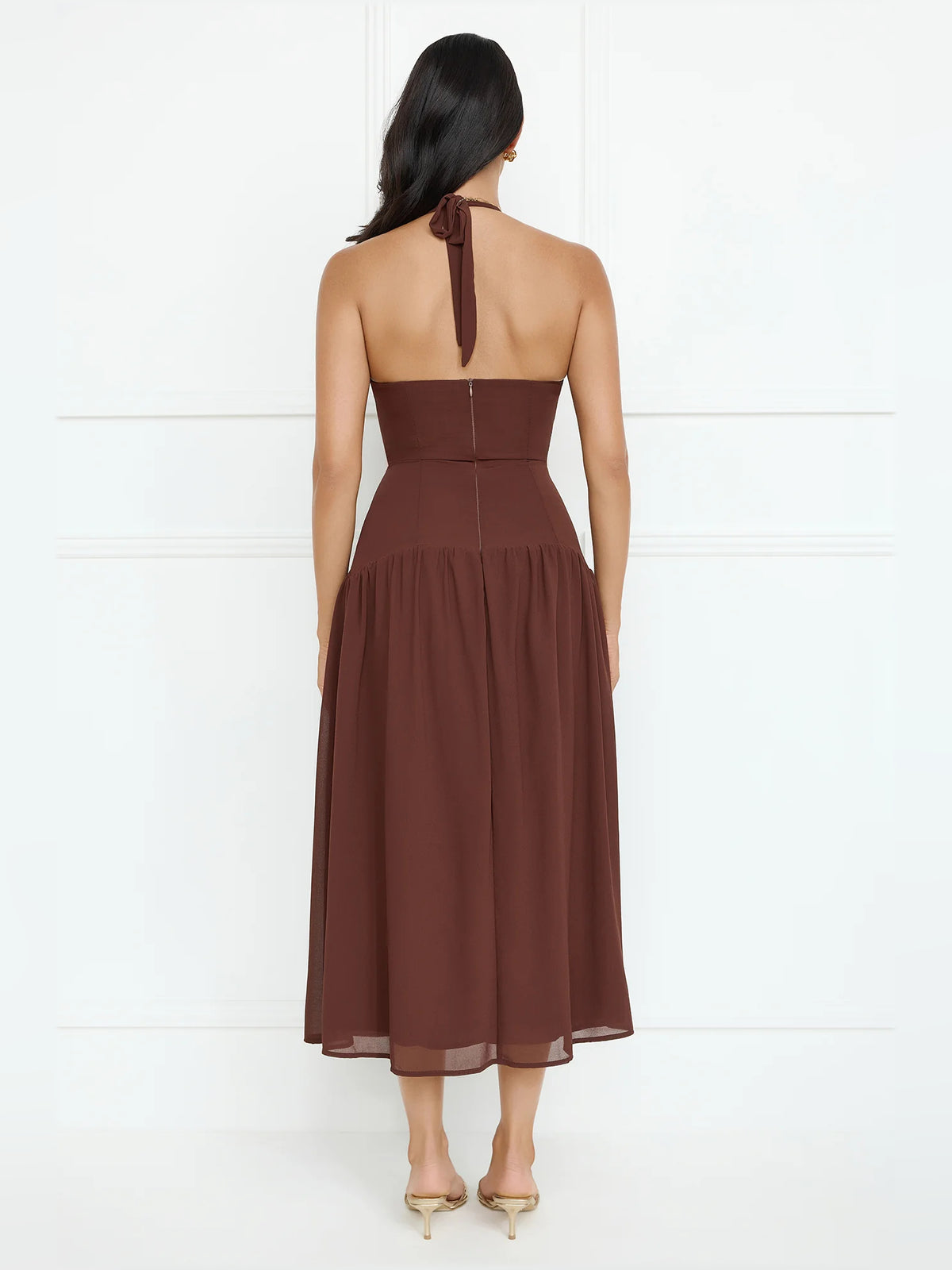 Brown midi formal dress with halter neckline, alternate view showing the skirt