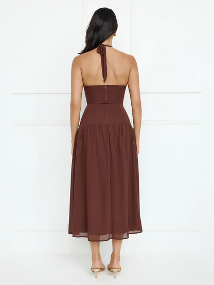 Brown midi formal dress with halter neckline, alternate view showing the skirt
