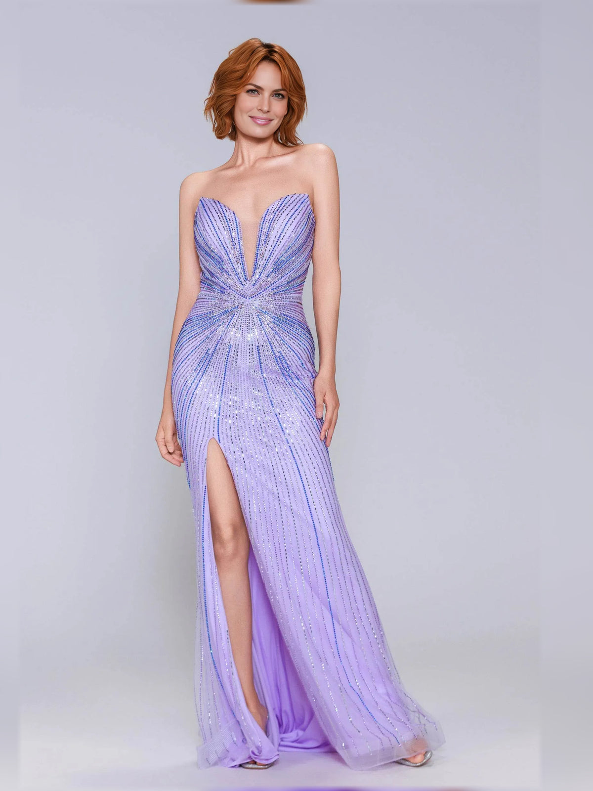 Lilac sheath floor-length formal dress with skirt slit, alternate view showing the skirt