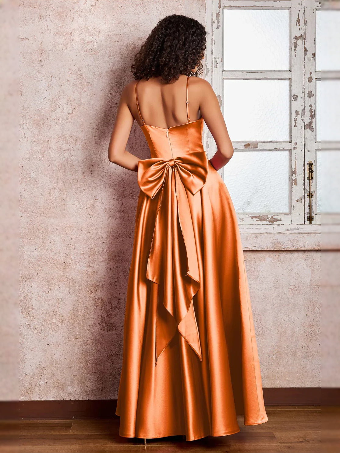 Watermelon floor-length prom dress, back view showing the rear of the dress in an additional pose