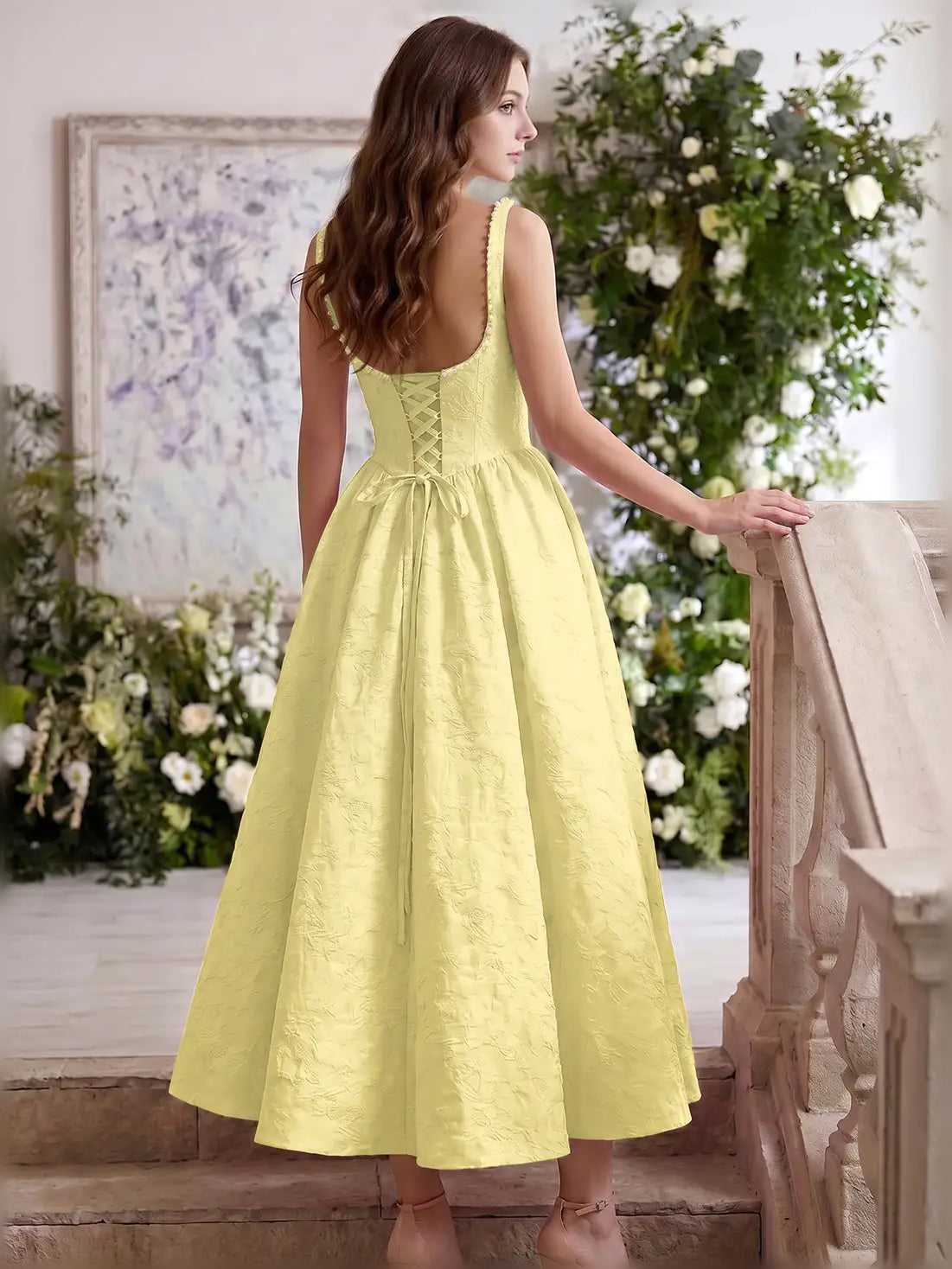 Light Blue fit-and-flare tea-length formal dress with corset-style bodice, alternate view showing the skirt