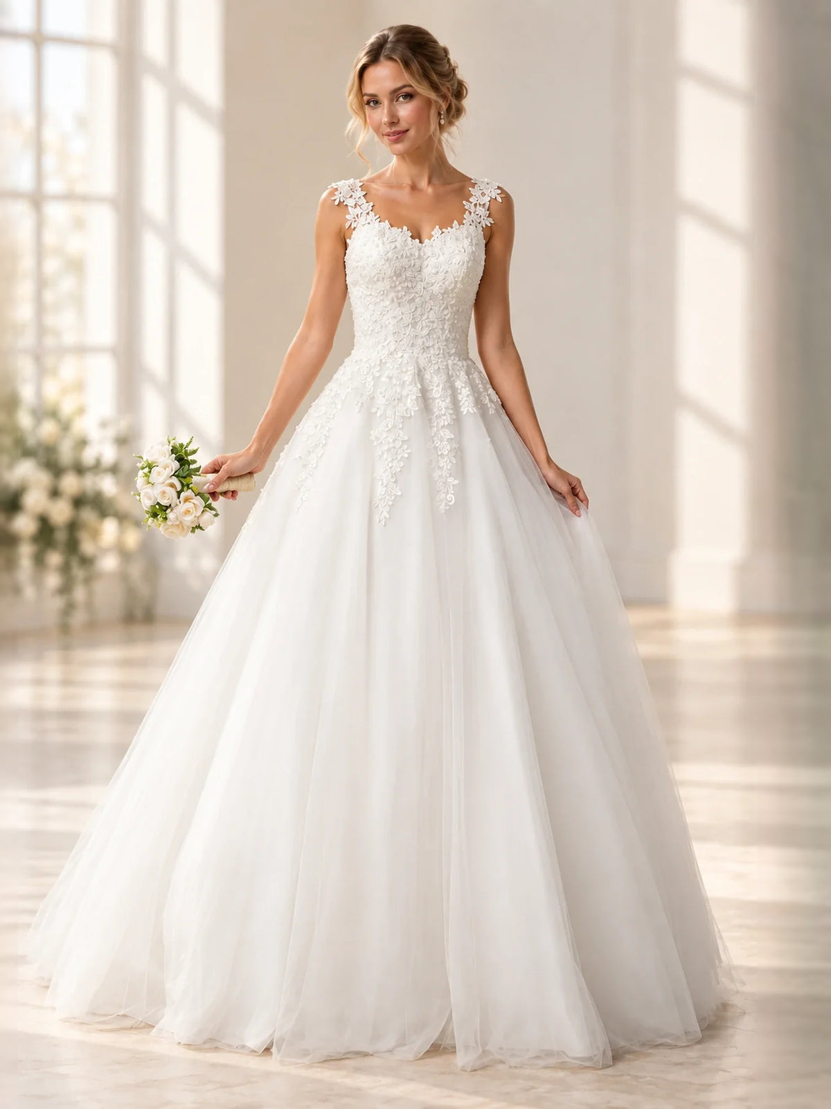 White floor-length wedding dress, alternate view showing the skirt and hem