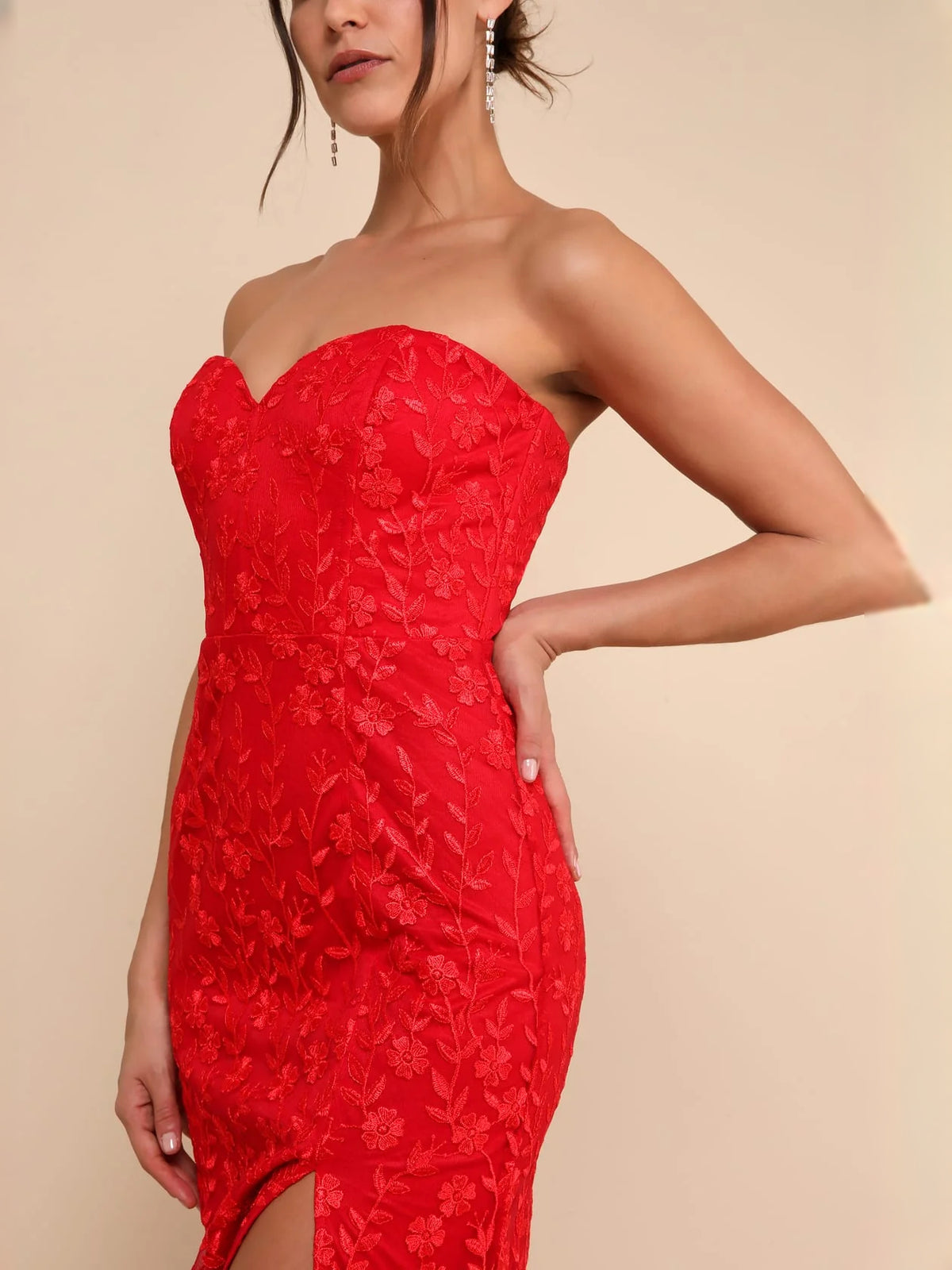 Red maxi prom dress, alternate view showing the skirt and hem