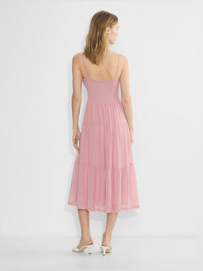 pink midi formal dress with tiered skirt, alternate view showing the skirt