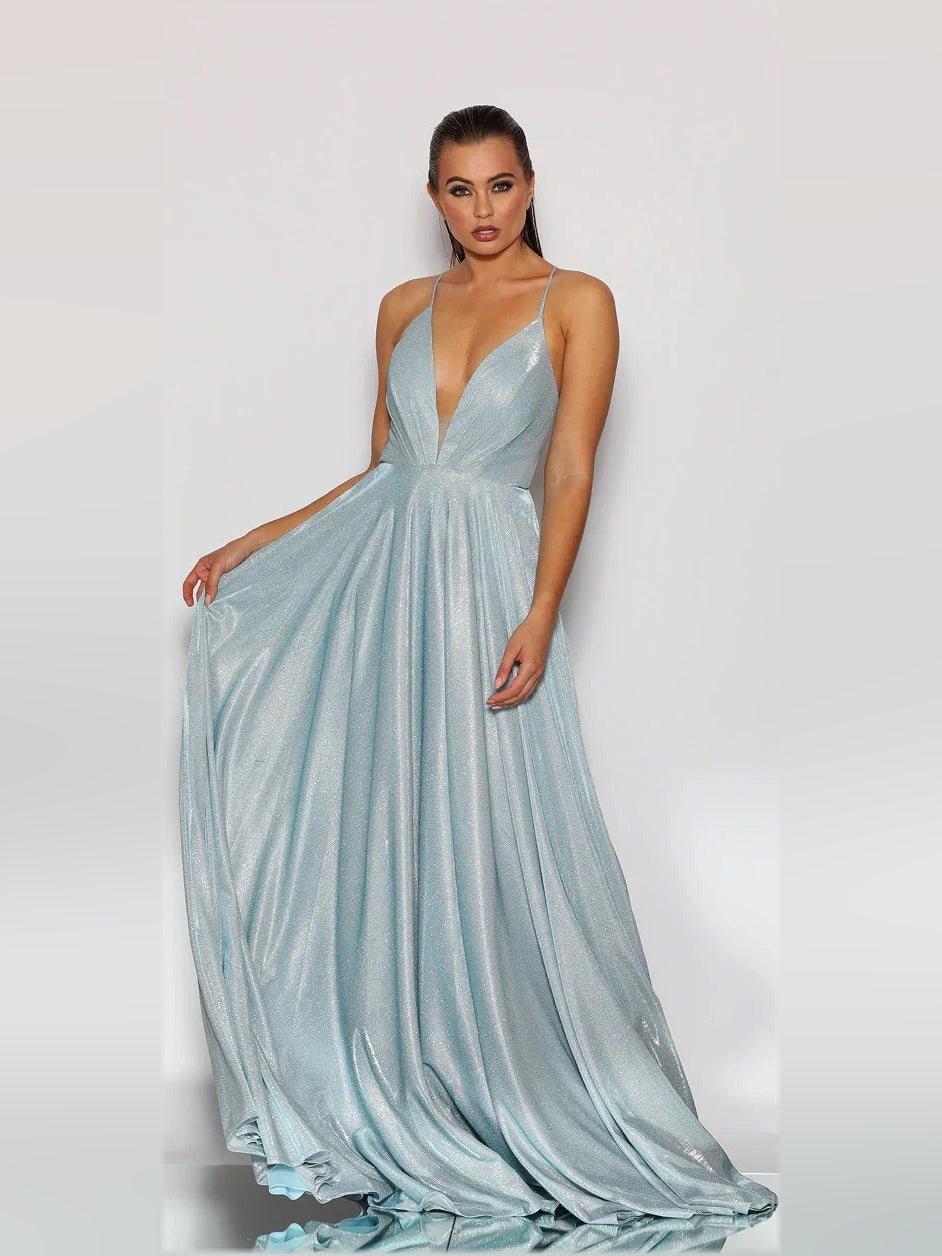 Light Blue maxi prom dress, back view showing the rear of the dress
