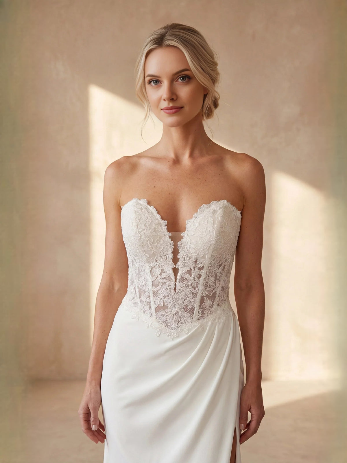 Ivory floor-length wedding dress, alternate view showing the skirt and hem
