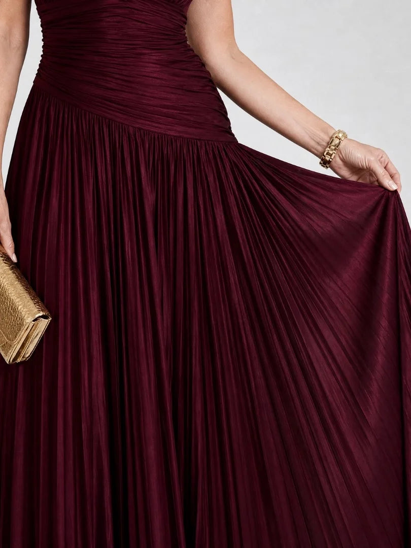 Burgundy maxi mother of the bride dress, alternate view showing the skirt and hem