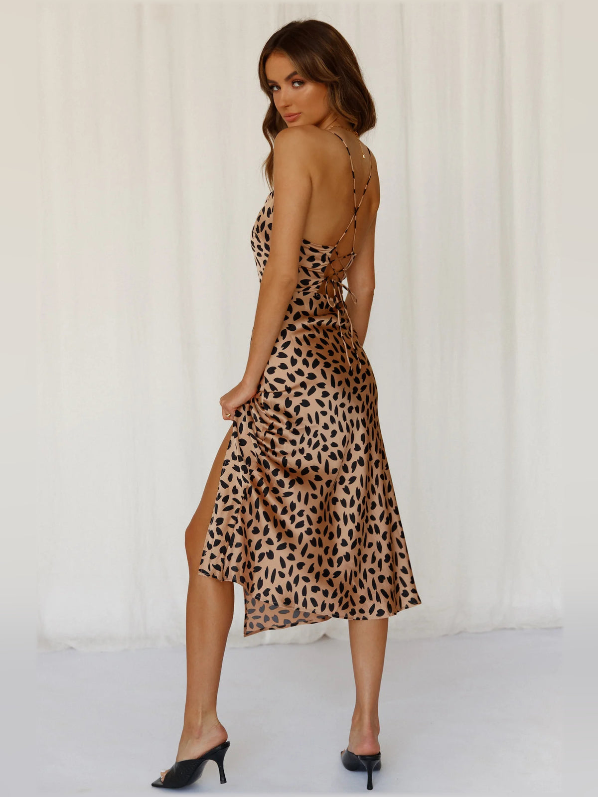 Tan midi formal dress, alternate view showing the skirt