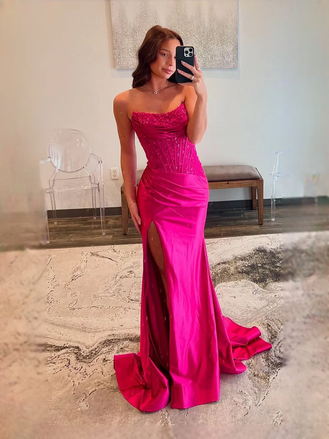 Hot Pink floor-length prom dress, alternate view showing the skirt and hem