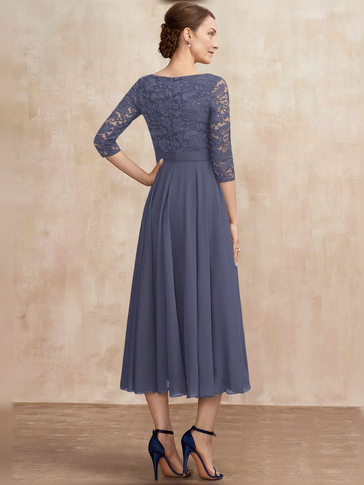 Deep Purple midi mother of the bride dress, alternate view showing the skirt and hem