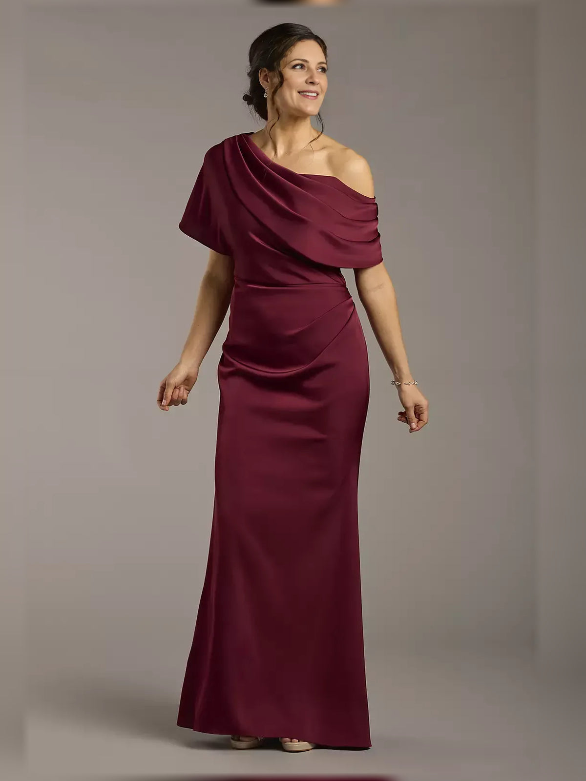 Burgundy floor-length mother of the bride dress, alternate view showing the skirt and hem