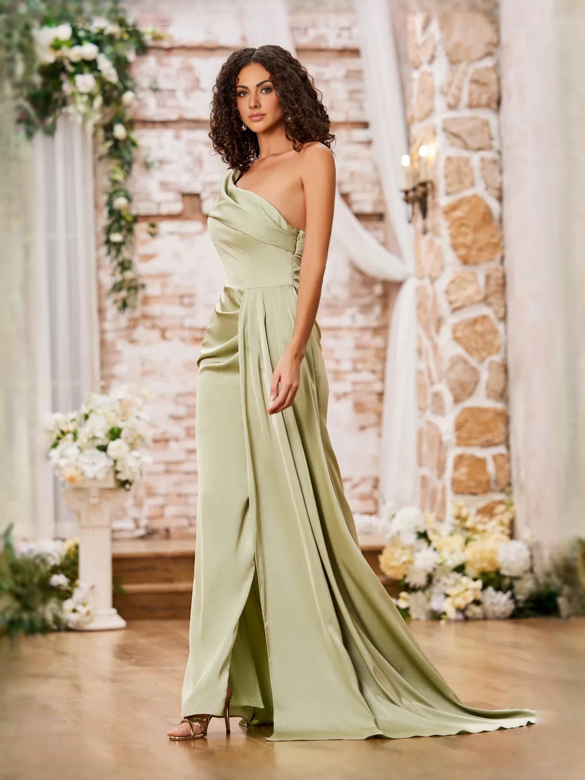 Dusty Sage floor-length prom dress, alternate view showing the skirt and hem