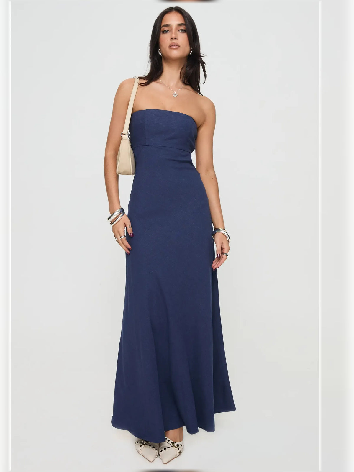 Navy Blue sheath floor-length formal dress with cutout detail, alternate view showing the skirt