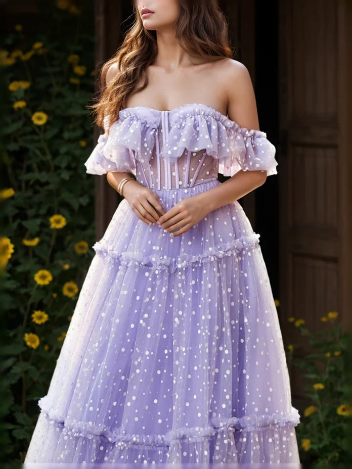 Lavender floor-length prom dress, alternate view showing the skirt and hem