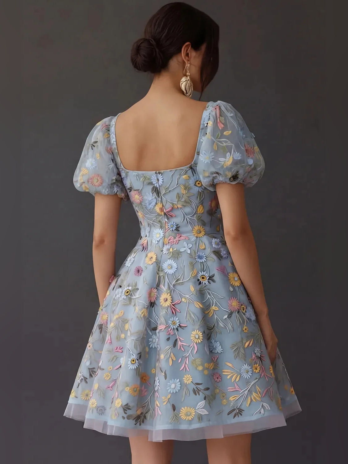 Mauve short homecoming dress, alternate view showing the skirt and hem