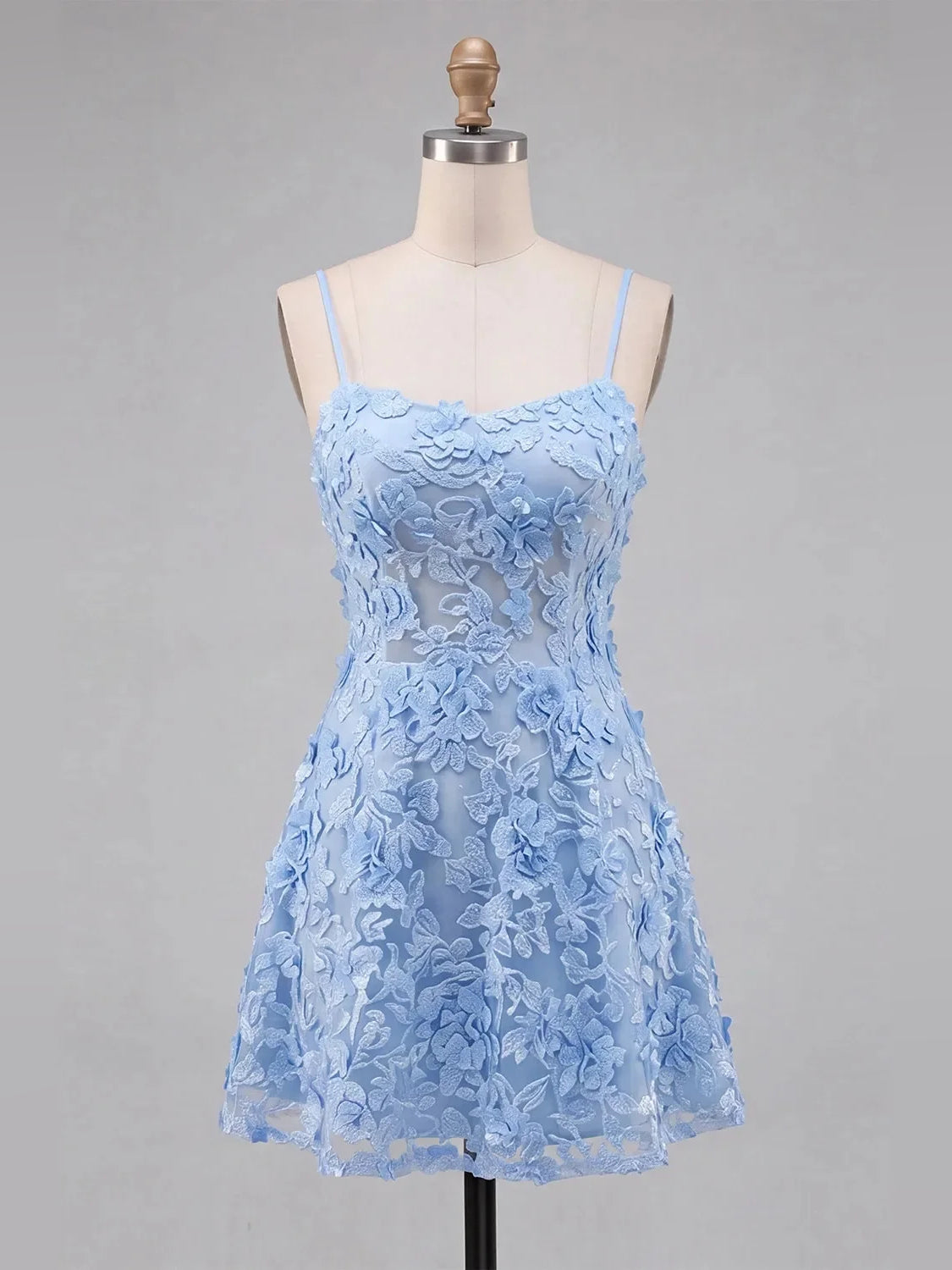 Light Blue short homecoming dress, alternate view showing the skirt and hem