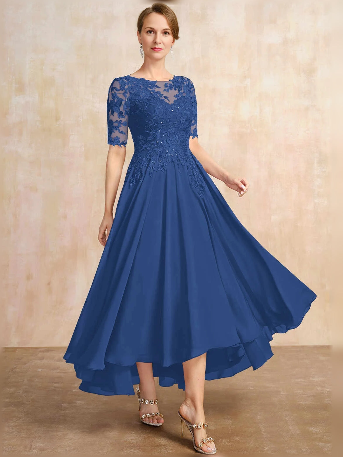 Navy midi mother of the bride dress, alternate view showing the skirt and hem