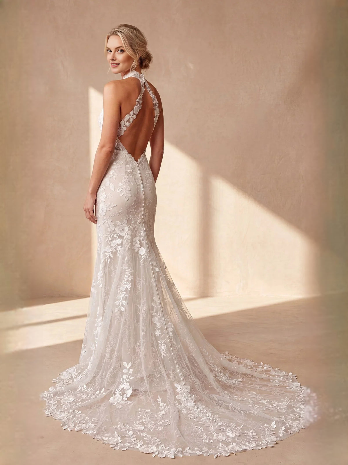 Ivory floor-length wedding dress, alternate view showing the skirt and hem