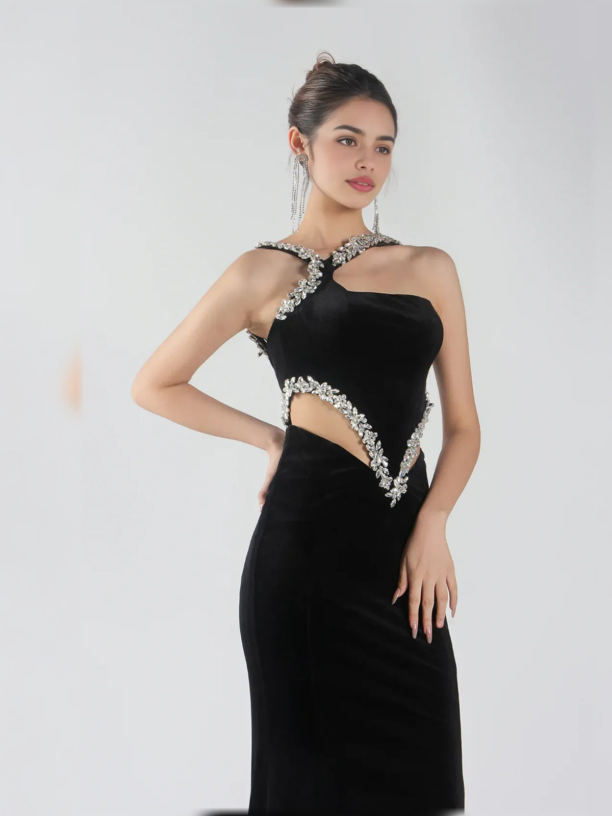 Black mermaid floor-length formal dress with beading, alternate view showing the skirt