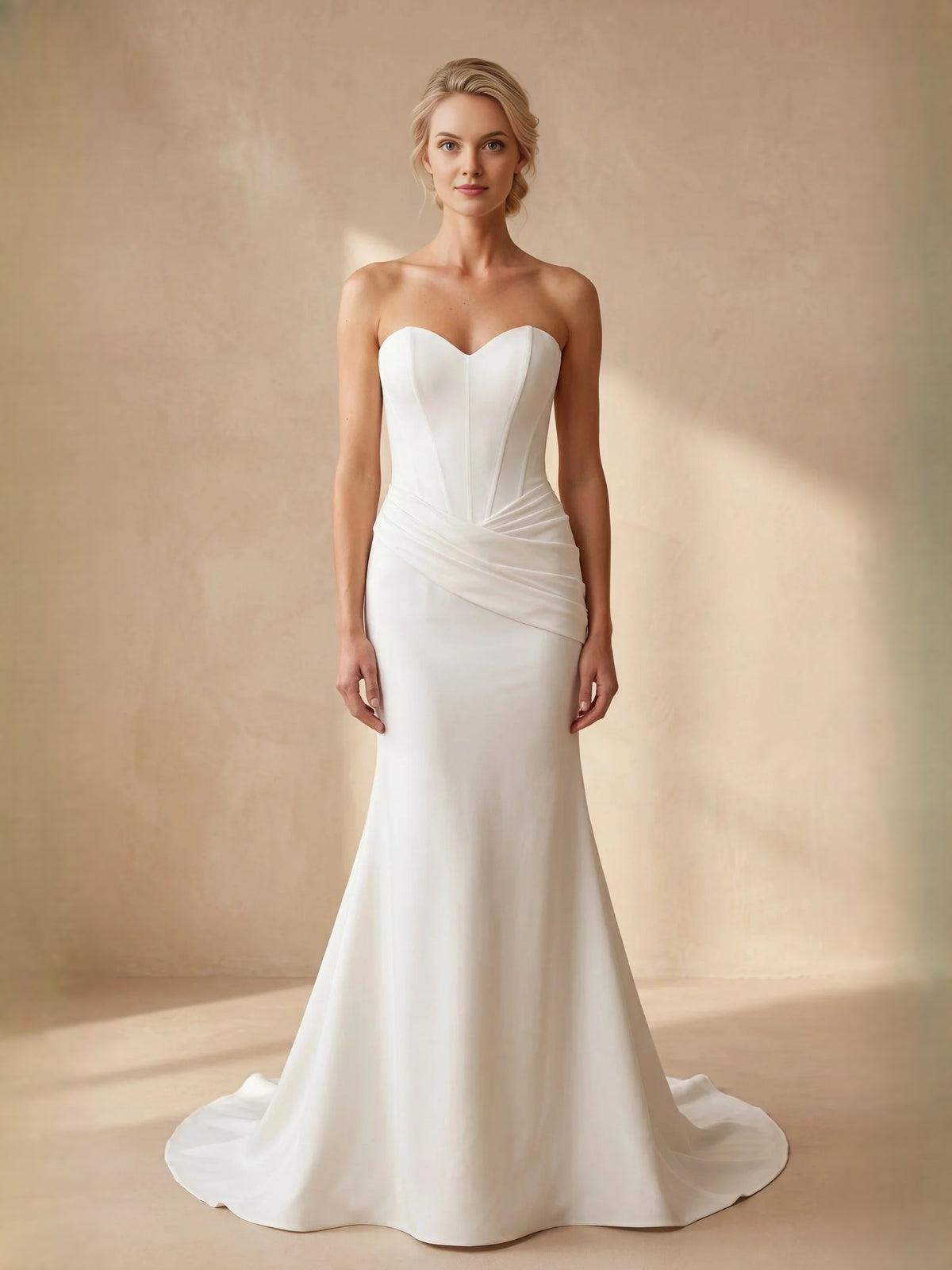 Ivory floor-length wedding dress, alternate view showing the skirt and hem
