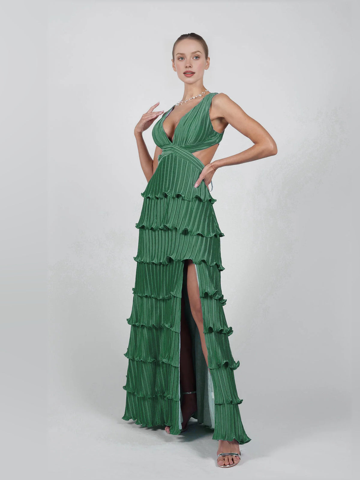 Green a-line floor-length formal dress with skirt slit, alternate view