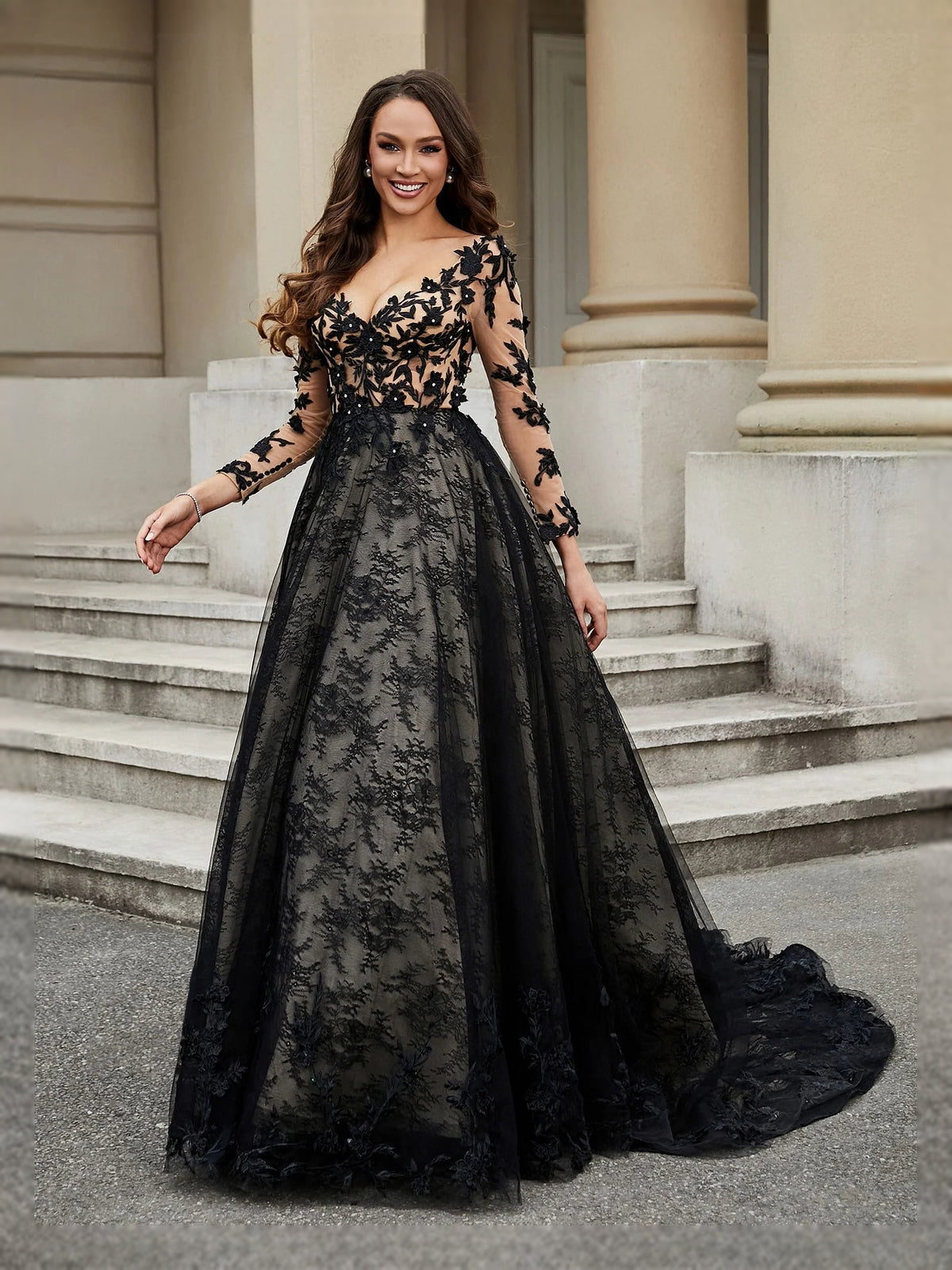 Black floor-length wedding dress, alternate view showing the skirt and hem