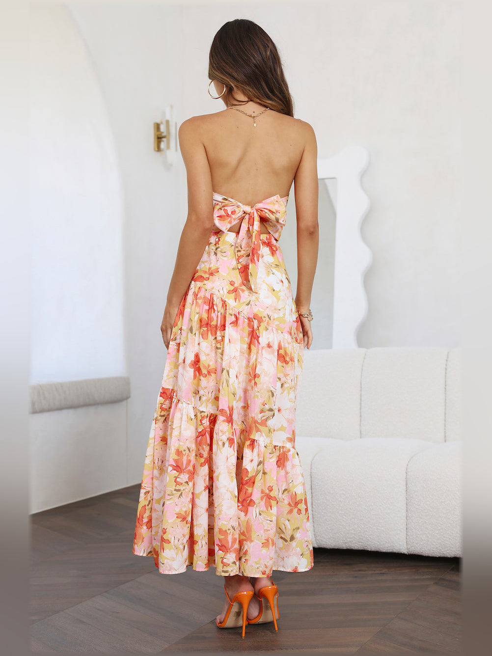 Floral midi formal dress with floral print, alternate view showing the skirt