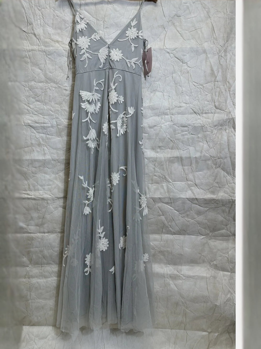 Light Gray maxi prom dress, alternate view showing the skirt and hem