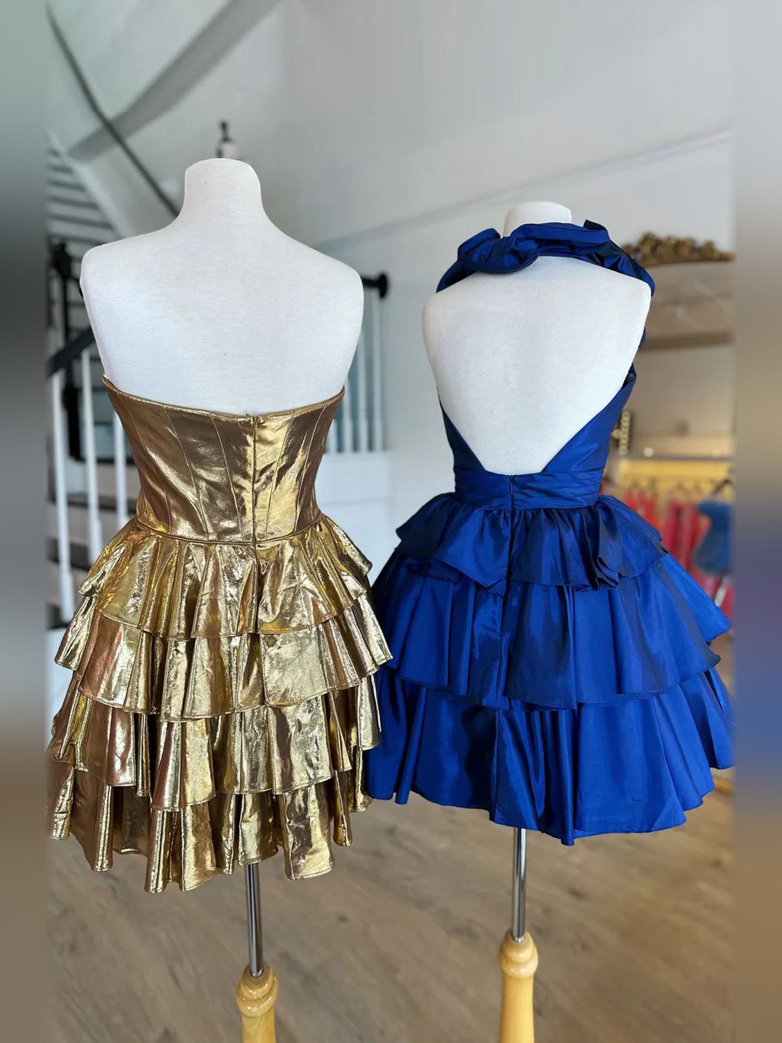 Light Blue mini homecoming dress, alternate view showing the skirt and hem