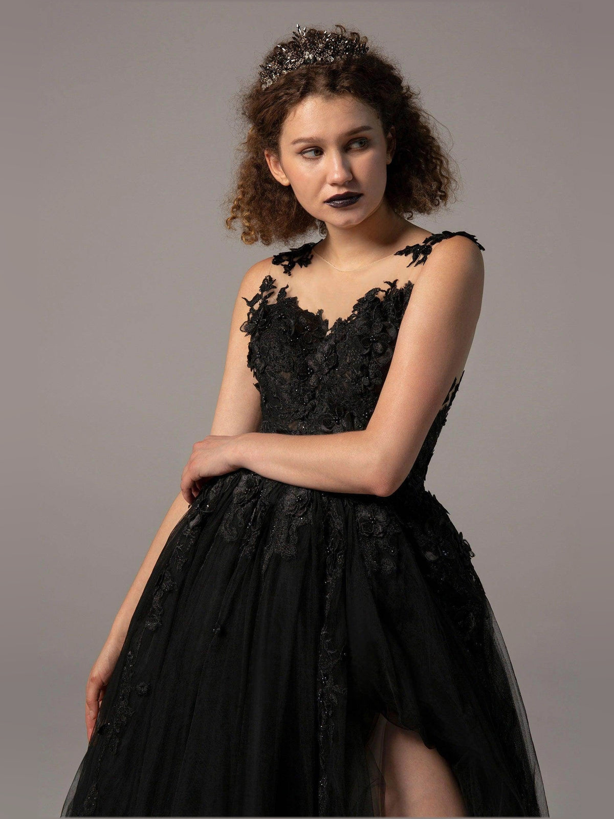 Black floor-length wedding dress, alternate view showing the skirt and hem