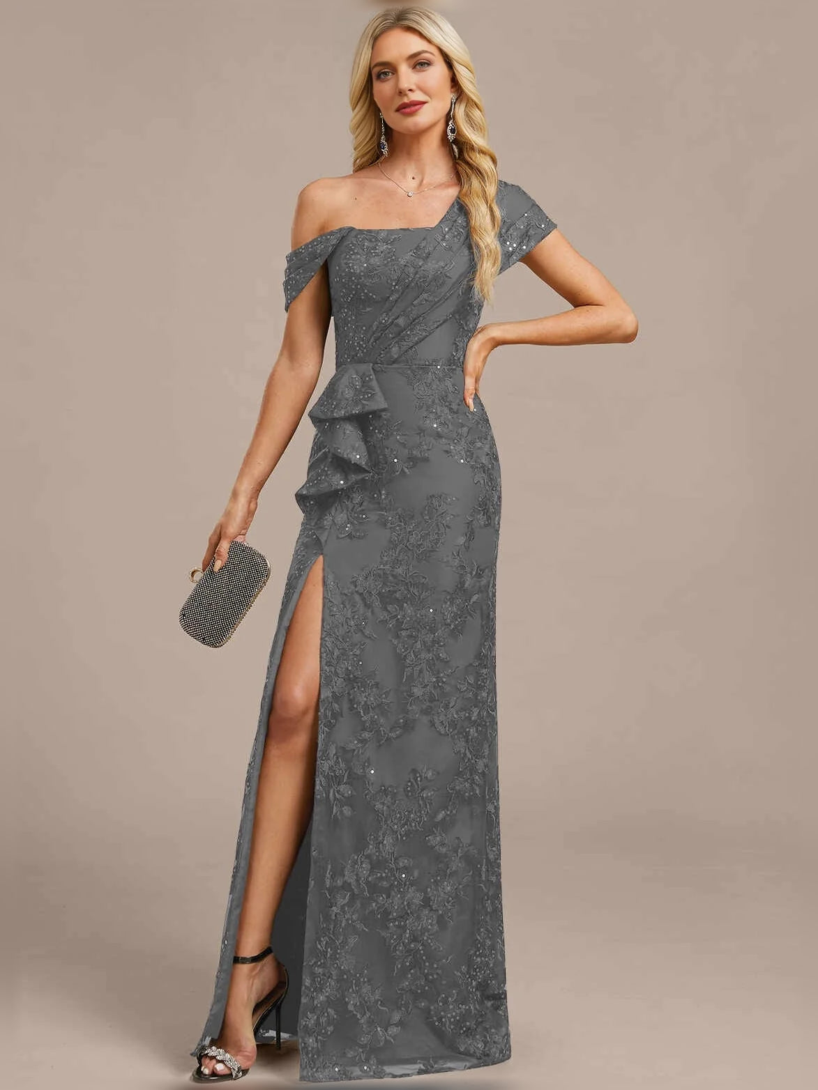 Steel Grey floor-length mother of the bride dress, alternate view showing the skirt and hem