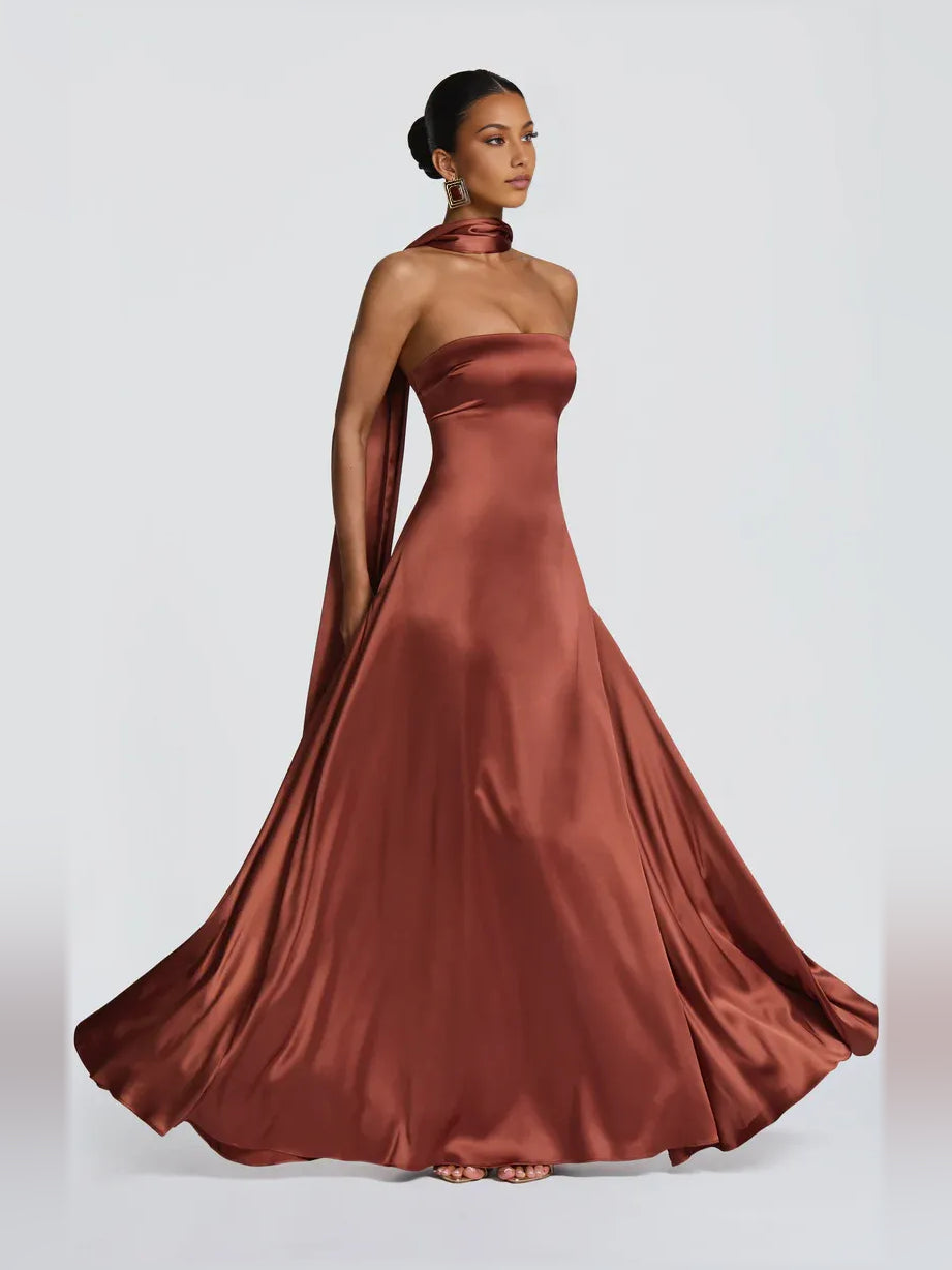 Olive Green a-line floor-length formal dress with draping, alternate view showing the skirt