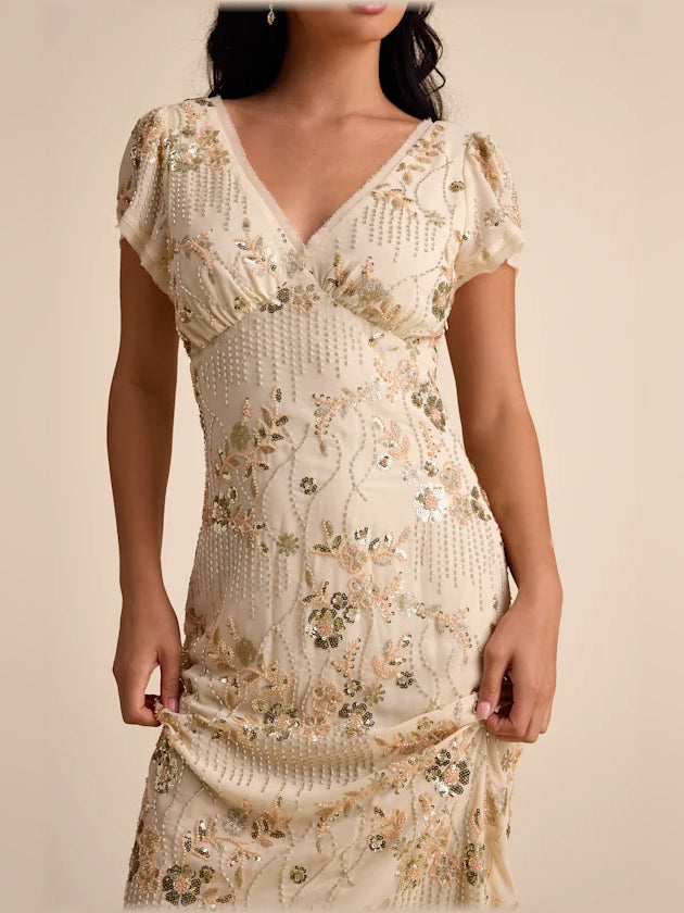 Beige midi formal dress with beading, alternate view showing the skirt