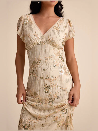 Beige midi formal dress with beading, alternate view showing the skirt