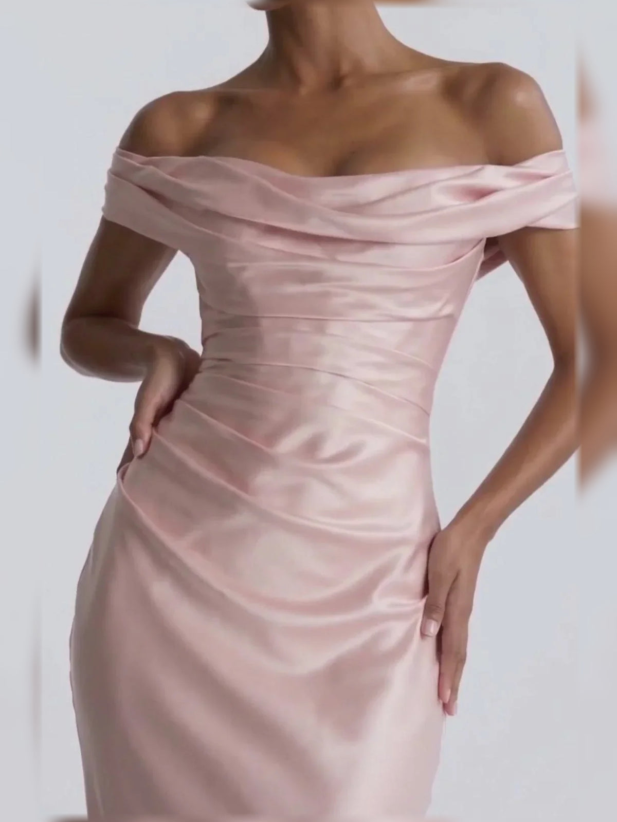 Blush Pink sheath floor-length formal dress with draping, alternate view showing the skirt