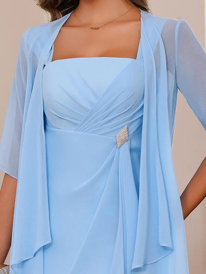 Light Blue knee-length mother of the bride dress, alternate view showing the skirt and hem