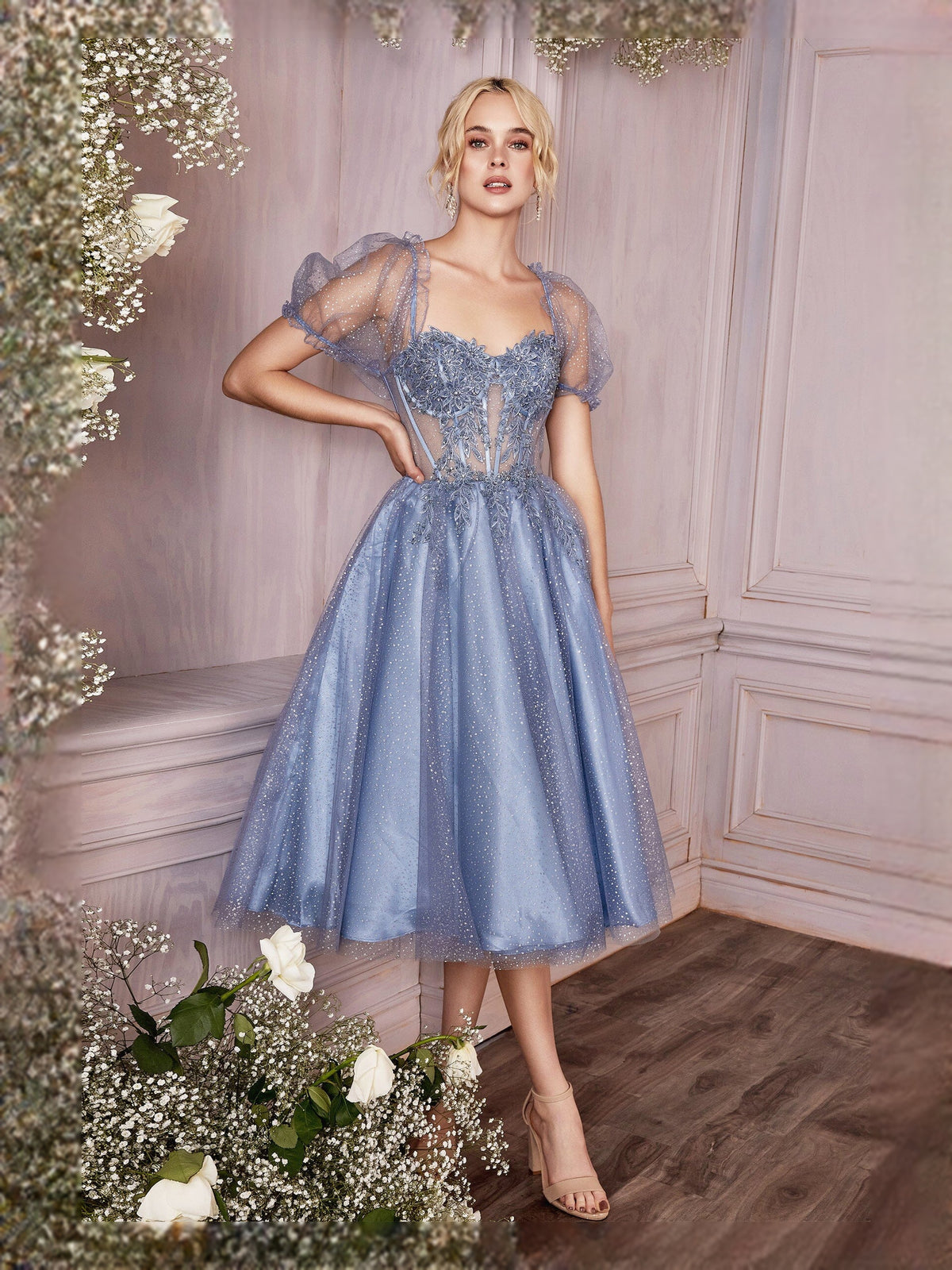 Steel Blue tea-length prom dress, alternate view showing the skirt and hem