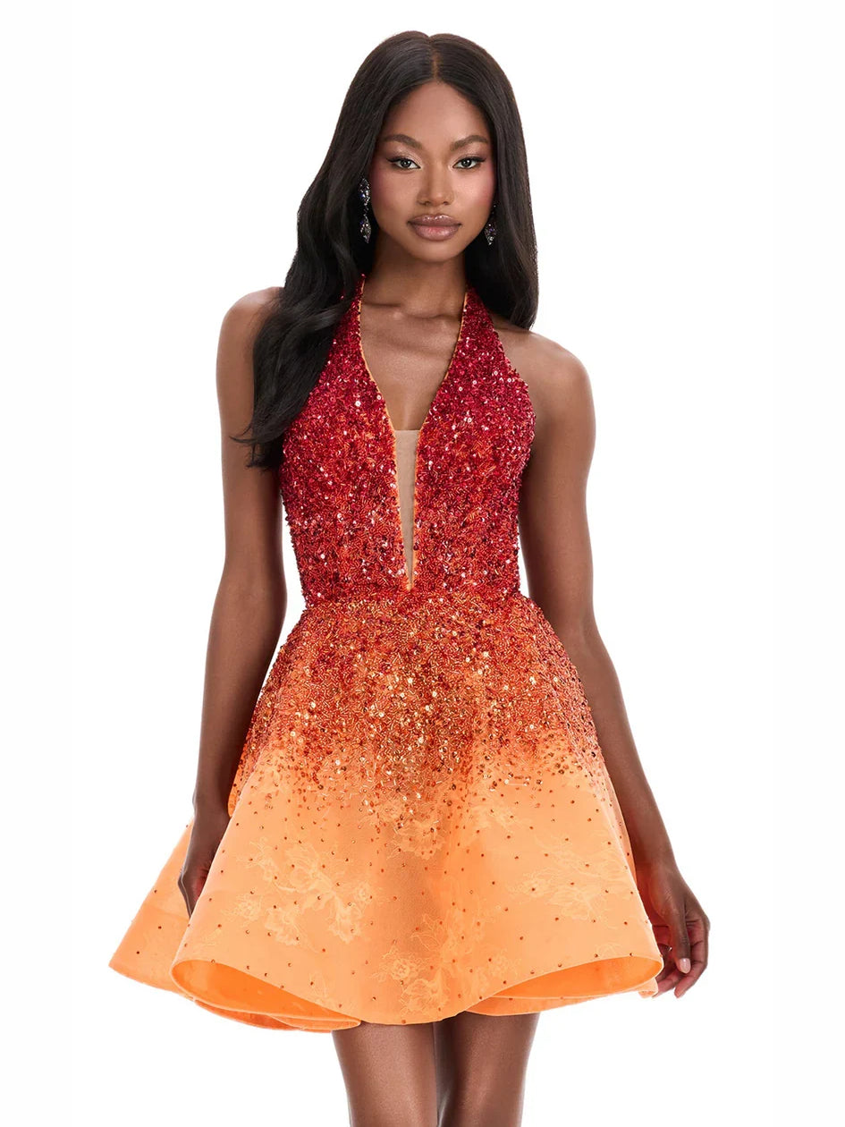 Orange mini homecoming dress, alternate view showing the skirt and hem