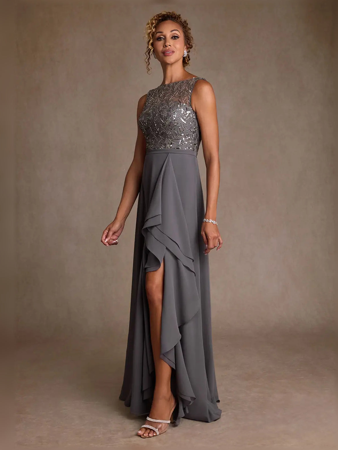 Grey floor-length mother of the bride dress, alternate view showing the skirt and hem