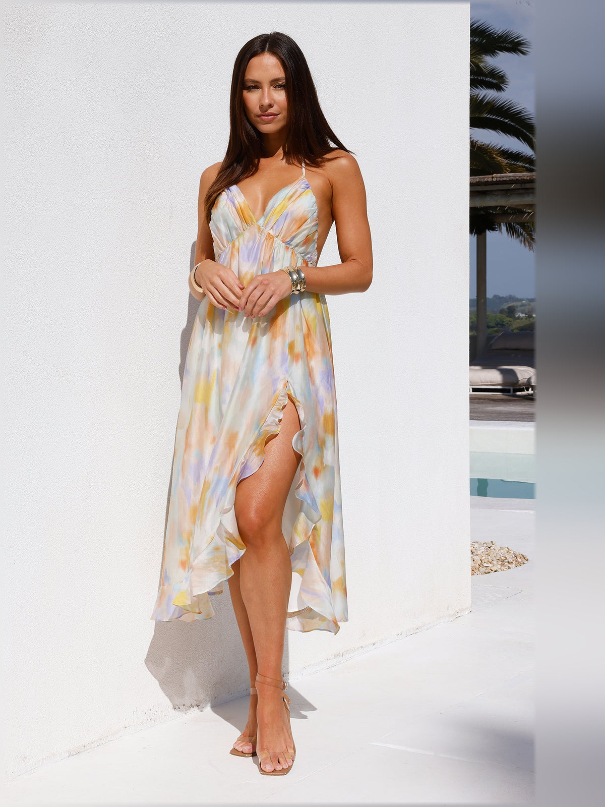 Multi midi formal dress with halter neckline, alternate view showing the skirt