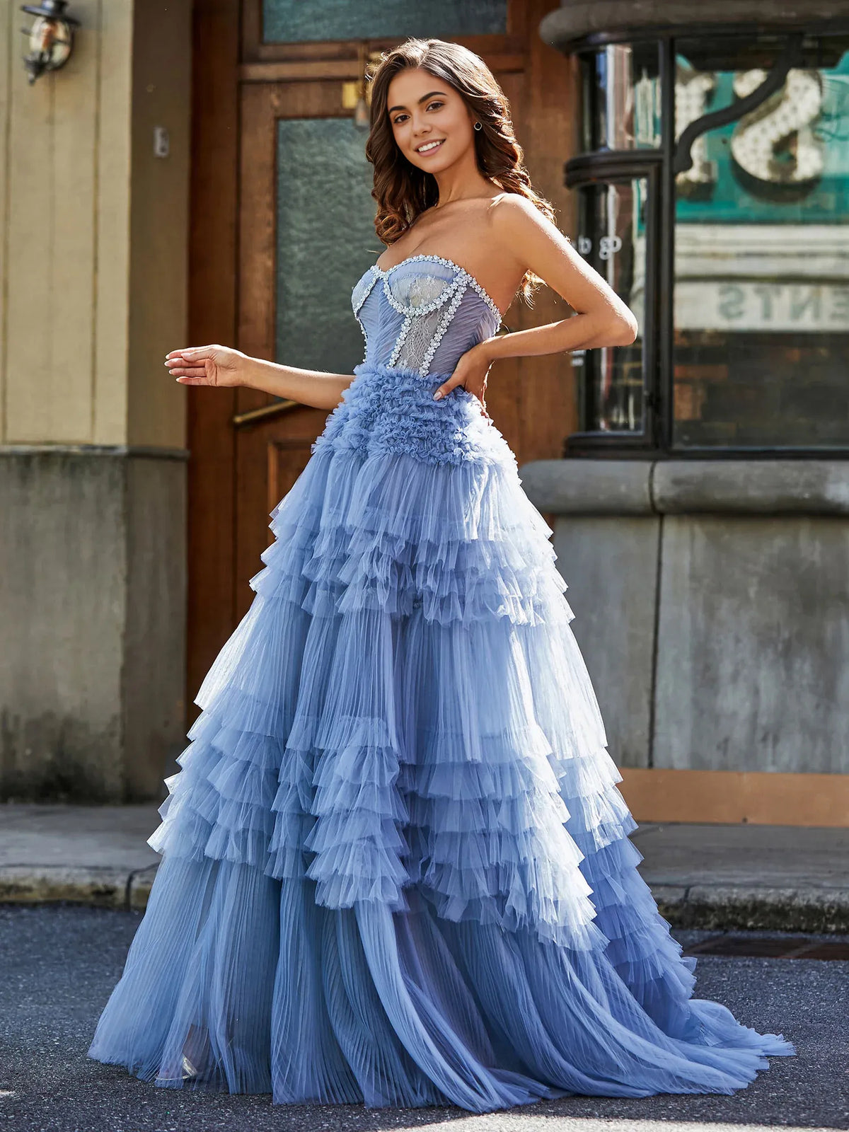 Blue floor-length prom dress, alternate view showing the skirt and hem