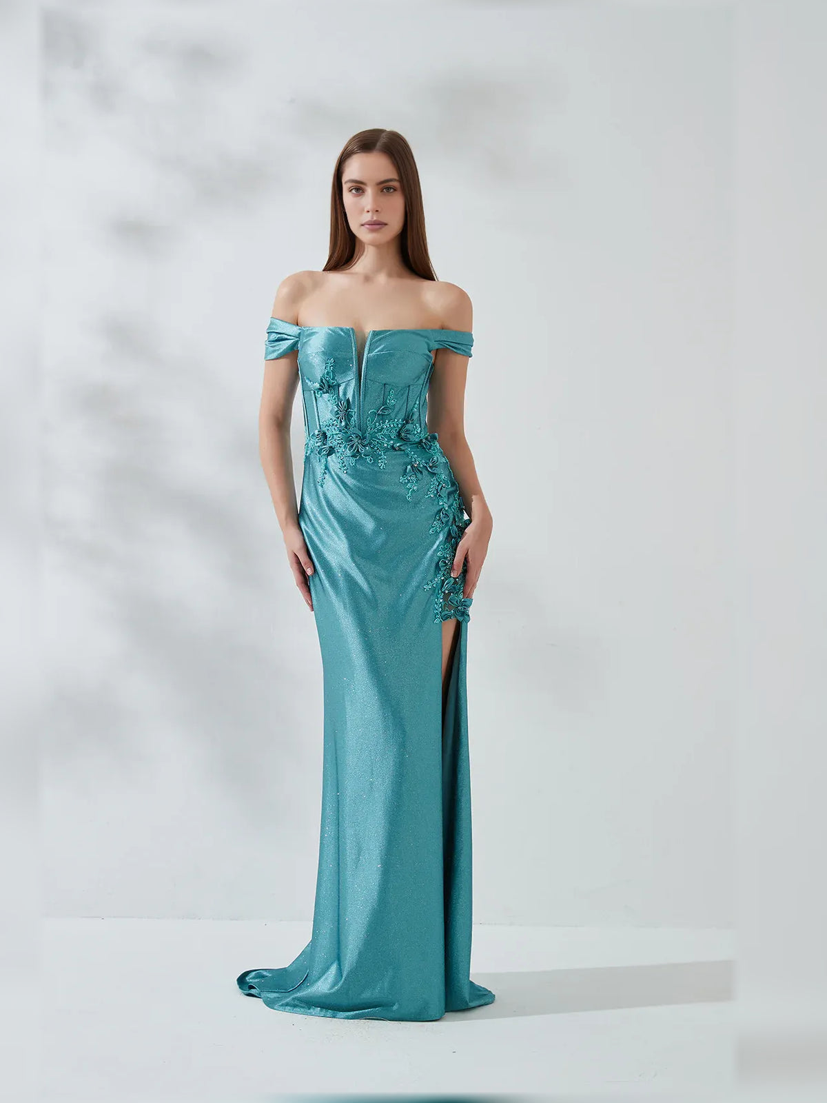 Jade mermaid floor-length formal dress with floral print, alternate view