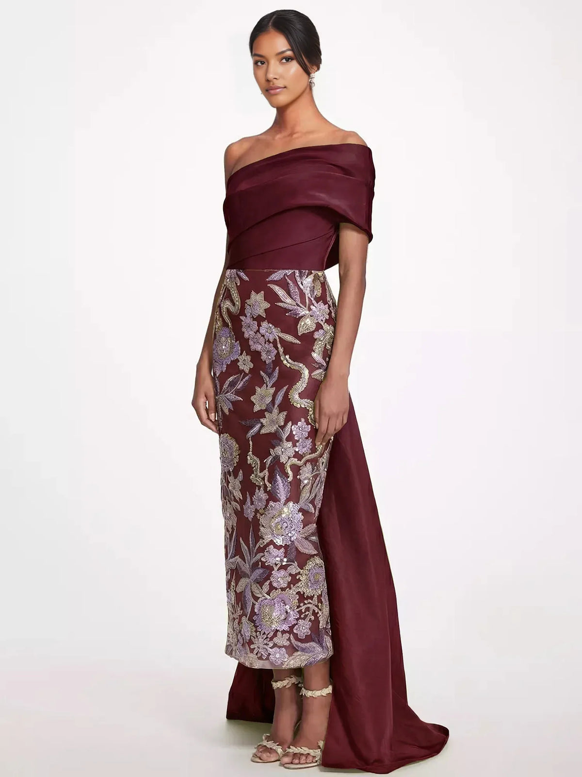Cabernet column floor-length formal dress with draping, alternate view