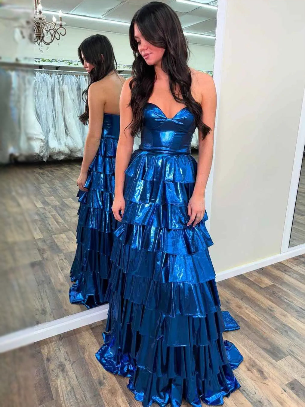 Royal Blue maxi prom dress, alternate view showing the skirt and hem