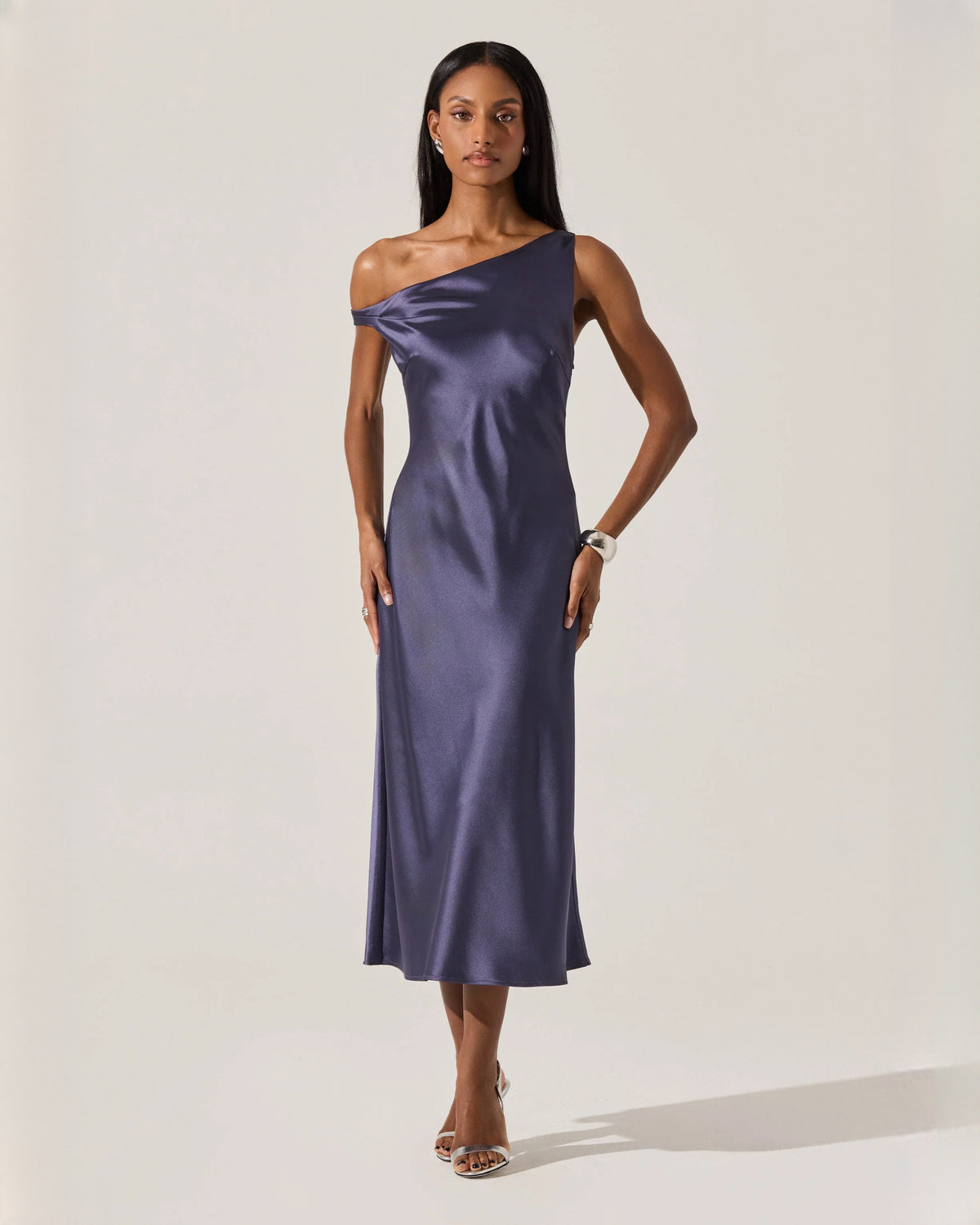 off-shoulder satin a-line midi bridesmaid dress - image 5