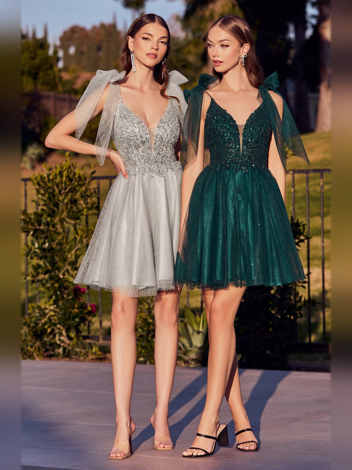 Silver short homecoming dress, alternate view showing the skirt and hem