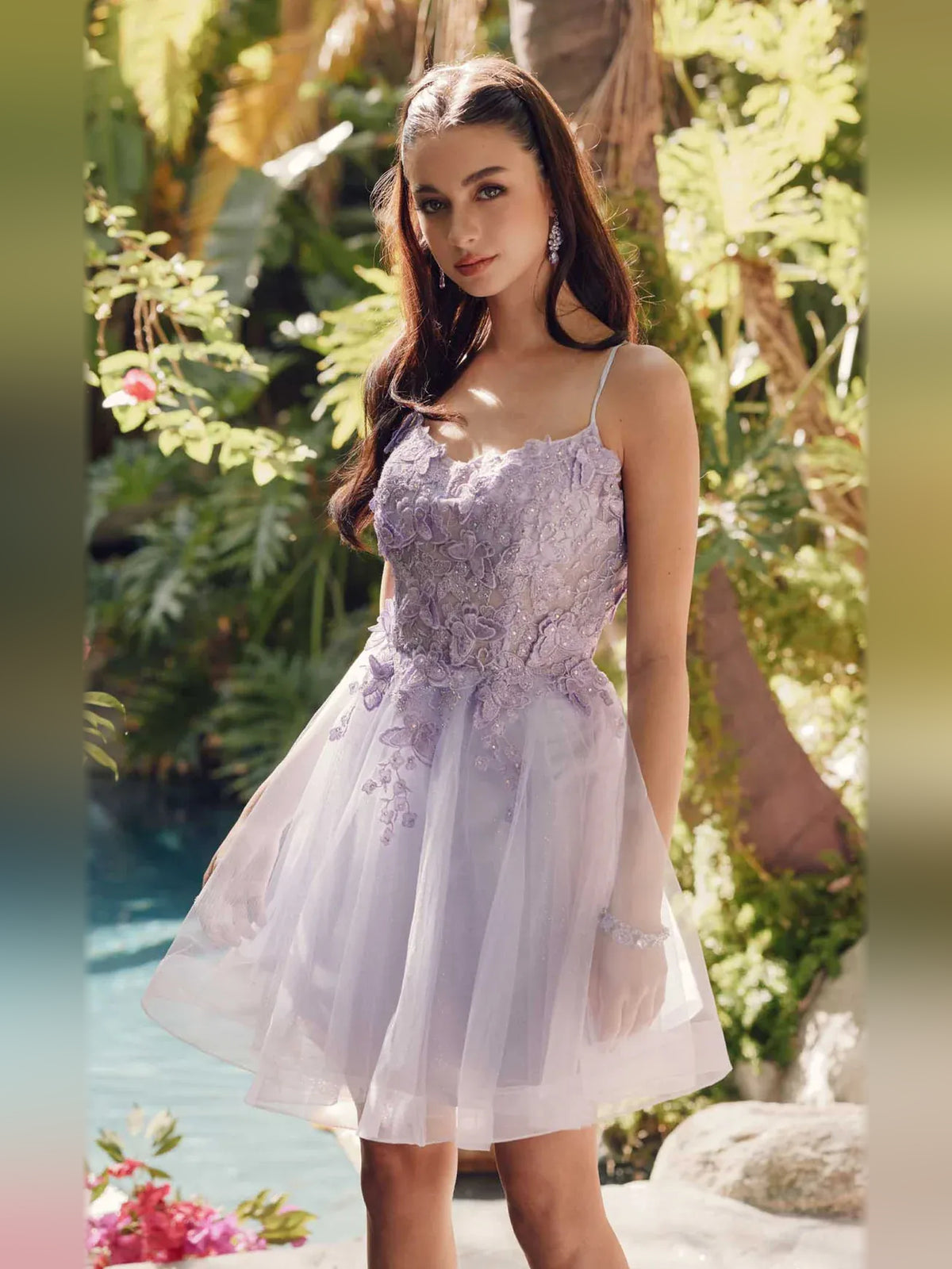 Silver mini homecoming dress, alternate view showing the skirt and hem