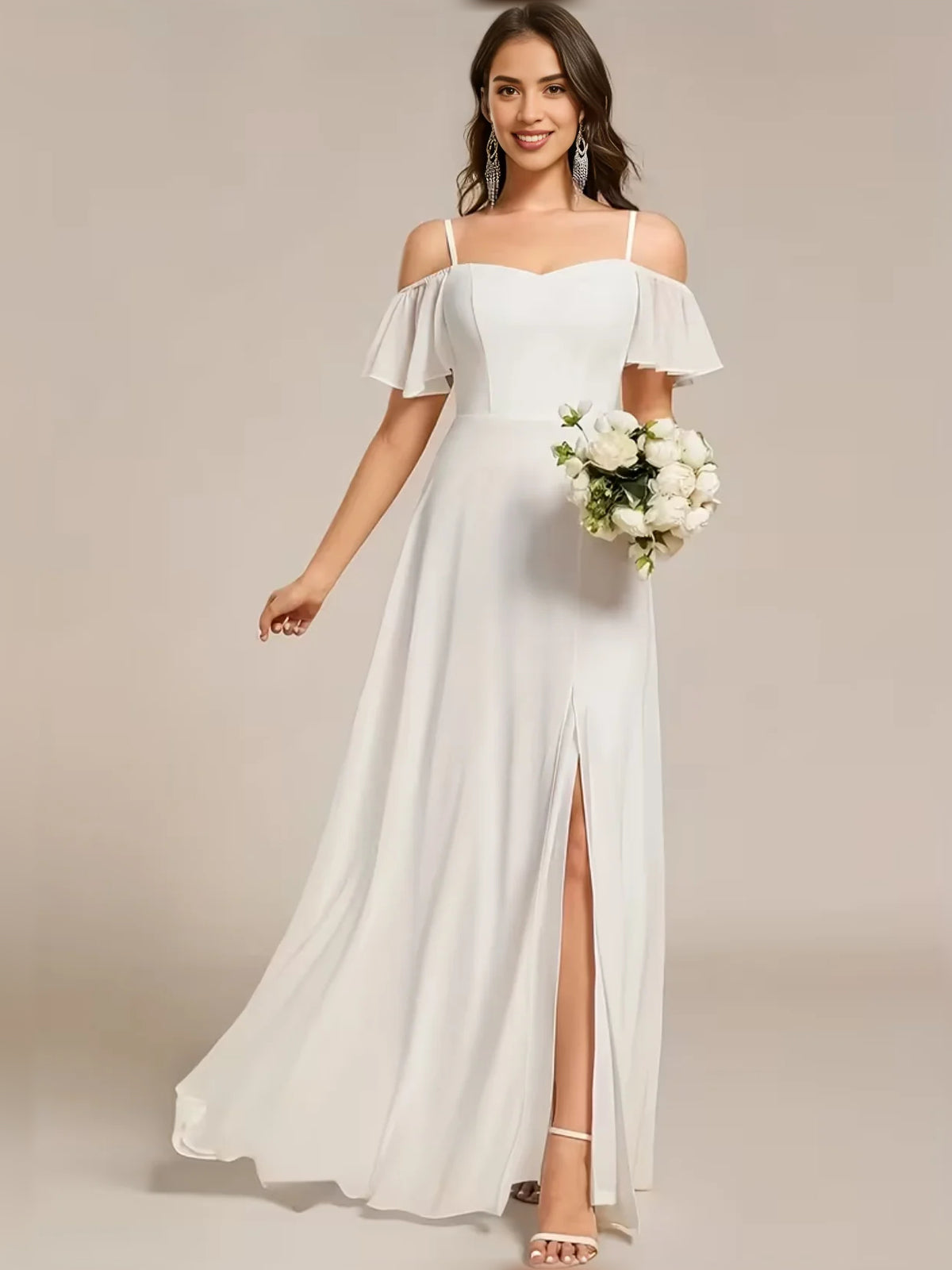 Ivory maxi bridesmaid dress, alternate view showing the skirt and hem