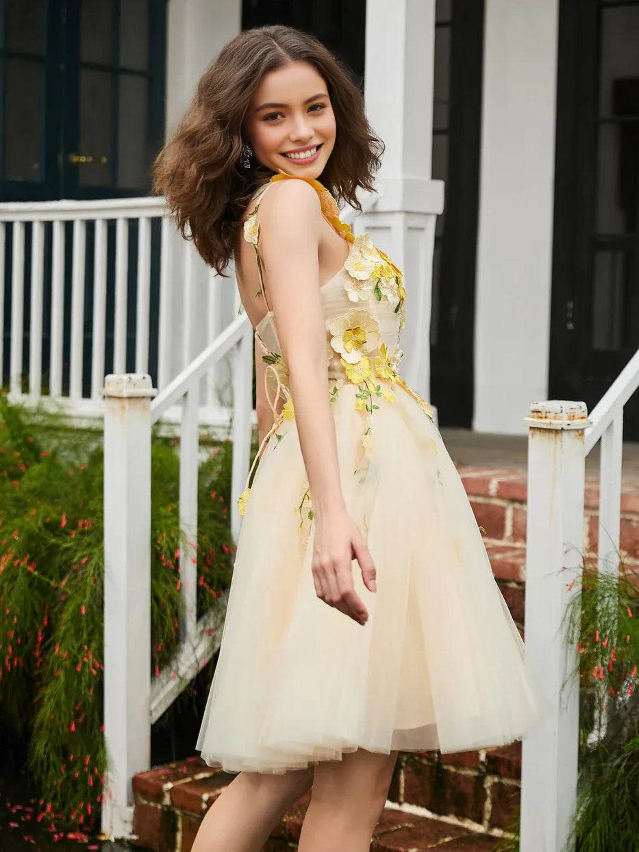 Pale Lemon mini homecoming dress, alternate view showing the skirt and hem