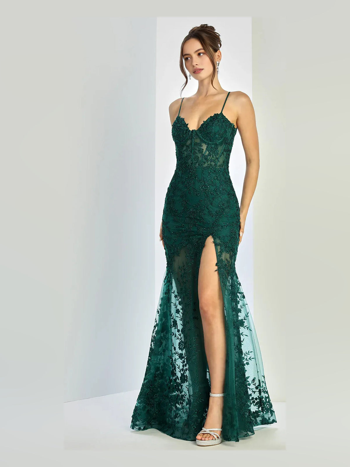 Peacock floor-length prom dress, alternate view showing the skirt and hem